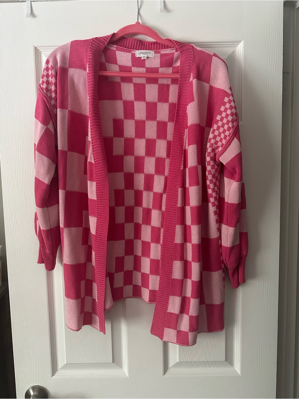 Open-Front Checkerboard Cardigan in Hot Pink and Light Pink